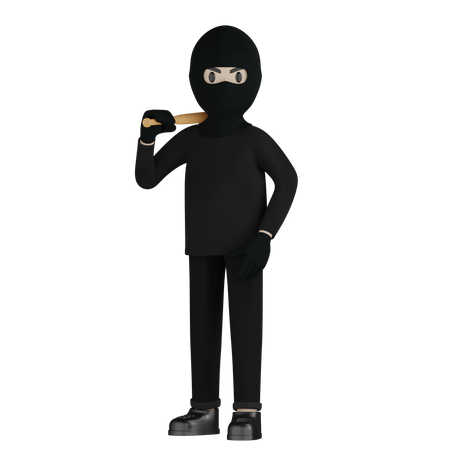 Robber Holding Baseball Bat 3D Illustration