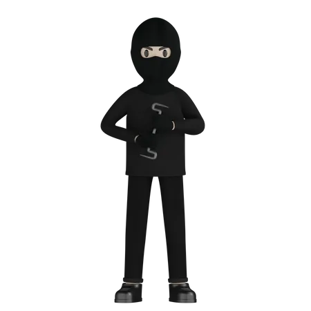 Robber Holding Crowbar  3D Illustration