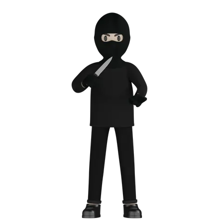Robber Holding Knife  3D Illustration