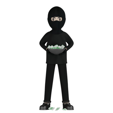 Robber Holding Money Bowl  3D Illustration