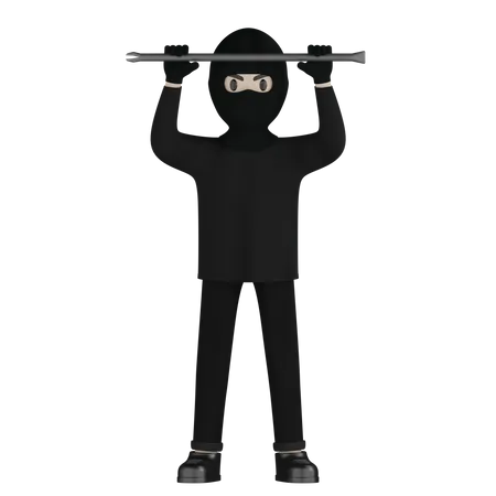 Robber Holding Steel Rod  3D Illustration