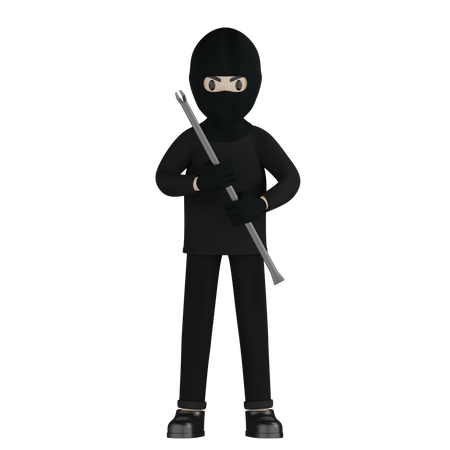 Robber Holding Steel Rod  3D Illustration