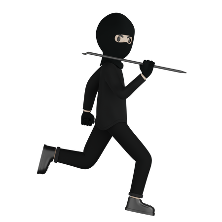 Robber Running With Taking Steel Rod  3D Illustration