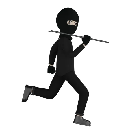 Robber Running With Taking Steel Rod  3D Illustration