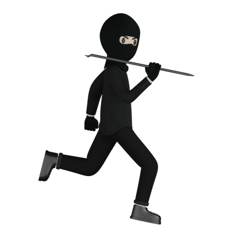 Robber Running With Taking Steel Rod 3D Illustration