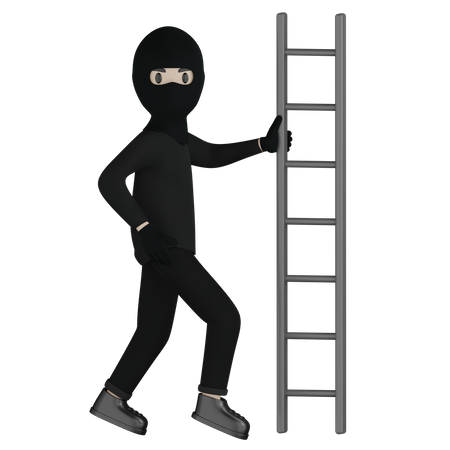 Robber Walking On Ladder  3D Illustration