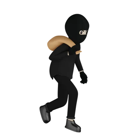 Robber Walking With Holding Bag  3D Illustration