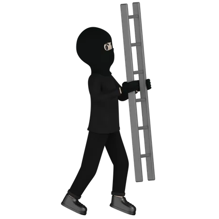 Robber With Ladder  3D Illustration