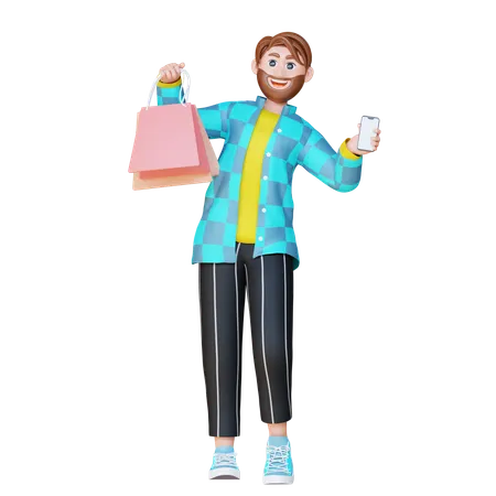 3 D Online Shopping Illustration Set Robert Holding A Phone And Shopping Bag 3D Illustration