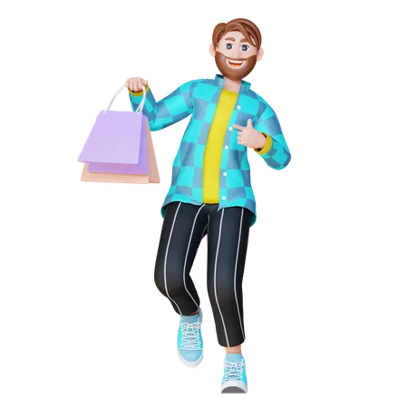 3 D Online Shopping Illustration Set Robert Pointing With Shopping Bag 3D Illustration