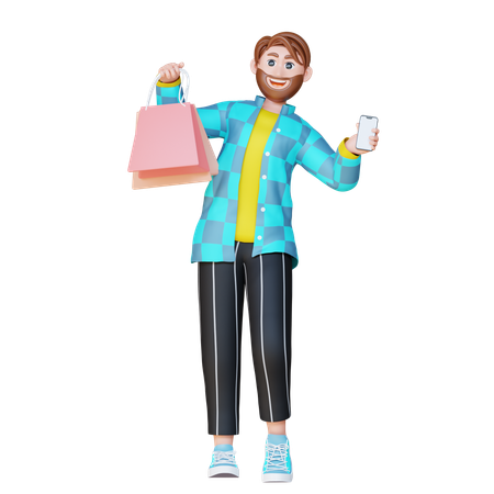 Robert segurando um telefone e uma sacola de compras  3D Illustration