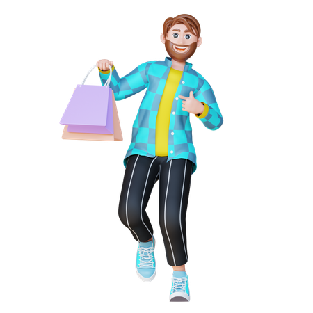 Robert señalando con bolsa de compras  3D Illustration