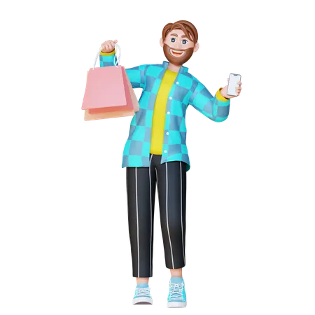 Robert sosteniendo un teléfono y una bolsa de compras  3D Illustration