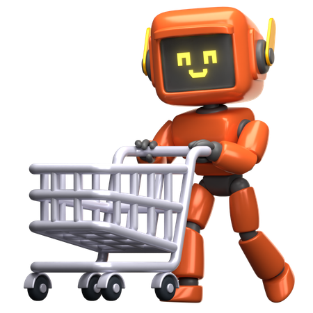 Robô laranja com carrinho de compras  3D Illustration