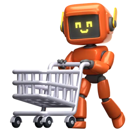 Robô laranja com carrinho de compras  3D Illustration