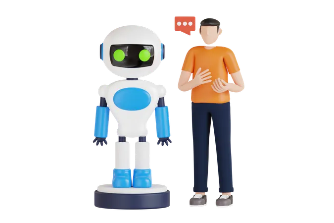 3 D Illustration Of People Talking With Modern Robot Man Chatting With Chat Bot 3 D Illustration 3D Illustration