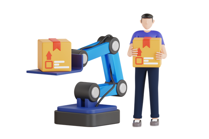 Robot Arm Lifting Box  3D Illustration