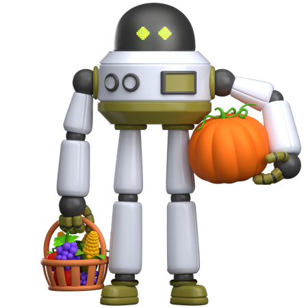 Robot Carrying Pumpkin And Fruit Basket  3D Illustration