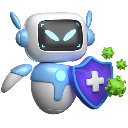 Robot con escudo y virus  3D Illustration