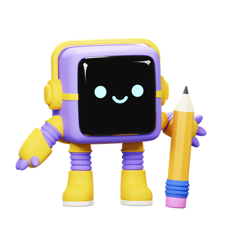 Robot cube tenant un crayon  3D Illustration