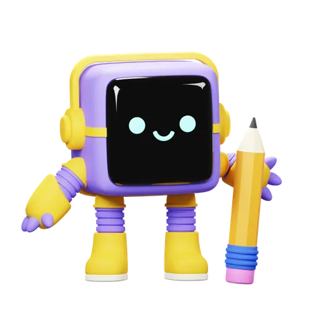 Robot cube tenant un crayon  3D Illustration