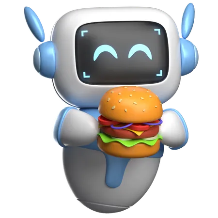 Robot Enjoying Hamburger  3D Illustration