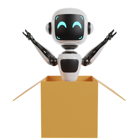 El robot está sentado dentro de la caja de regalo  3D Illustration