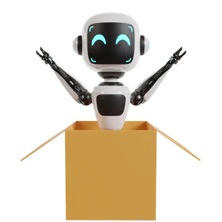 El robot está sentado dentro de la caja de regalo  3D Illustration