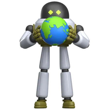 Robot Holding Earth  3D Illustration