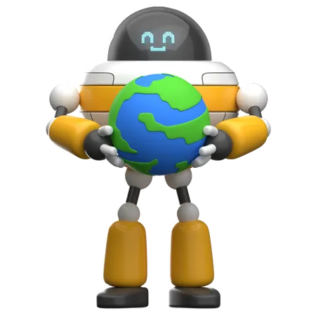 Robot Holding Globe  3D Illustration