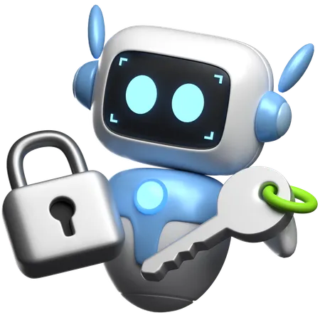 Robot Holding Key And Lock  3D Illustration