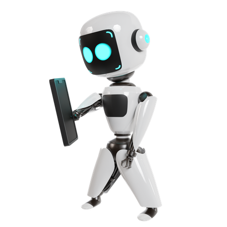 Robot Is Holding Mobile Phone  3D Illustration