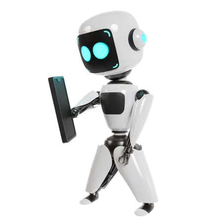 Robot Is Holding Mobile Phone  3D Illustration