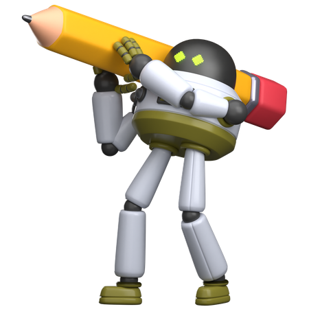 Robot Lifting Giant Pencil  3D Illustration