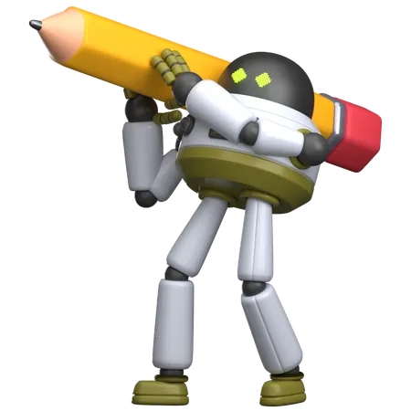 Robot Lifting Giant Pencil  3D Illustration