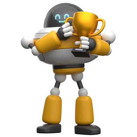 Robot Lifting Trophy  3D Illustration