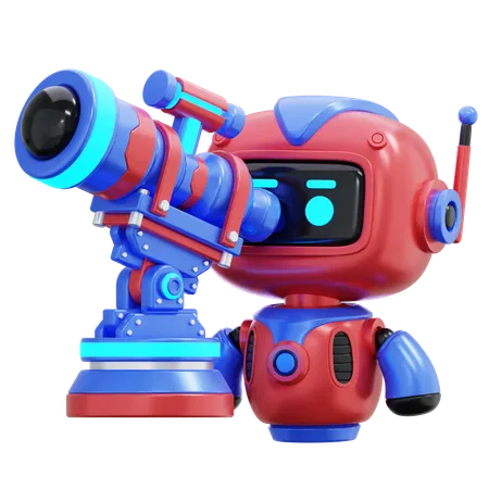Robot Looking At Telescope  3D Illustration