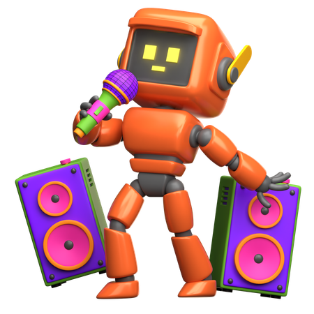 Robot naranja cantando con altavoces  3D Illustration