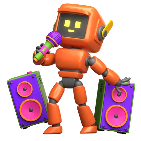 Robot naranja cantando con altavoces  3D Illustration