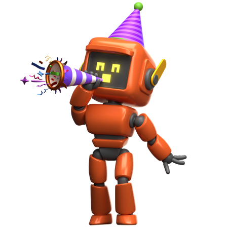 Robot naranja celebrando con bocina de fiesta  3D Illustration