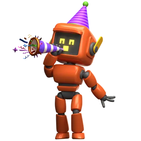 Robot naranja celebrando con bocina de fiesta  3D Illustration