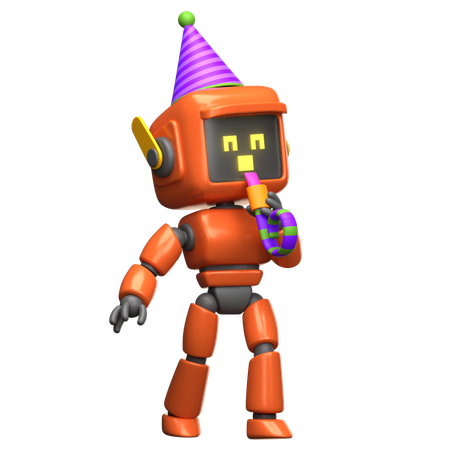 Robot naranja celebrando con sombrero de fiesta y silbato  3D Illustration