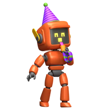 Robot naranja celebrando con sombrero de fiesta y silbato  3D Illustration