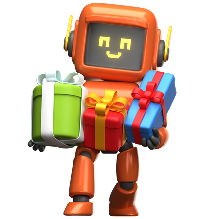 Robot naranja sosteniendo una caja de regalo  3D Illustration