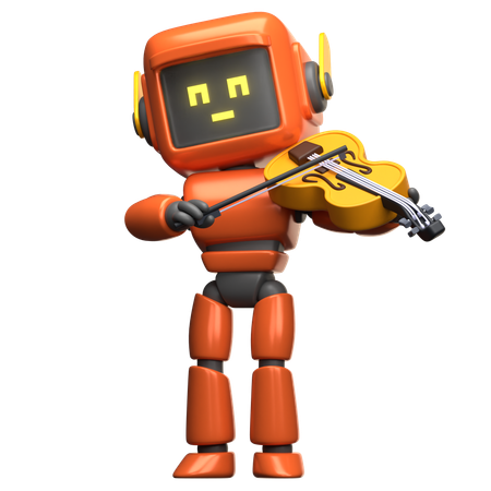 Robot naranja tocando el violín  3D Illustration