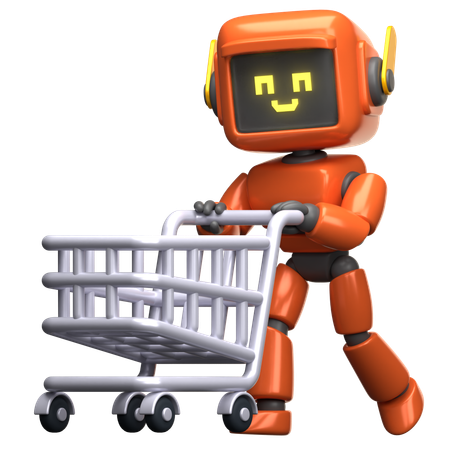 Robot orange avec chariot de courses  3D Illustration