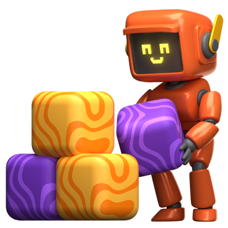 Robot orange empilant des blocs  3D Illustration