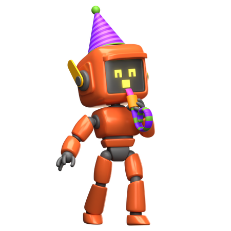 Robot orange faisant la fête avec un chapeau de fête et un sifflet  3D Illustration