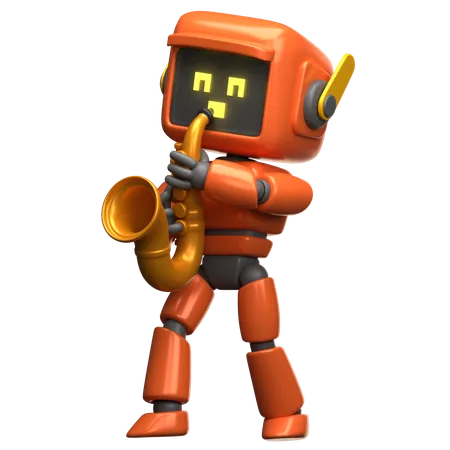 Robot orange jouant du saxophone  3D Illustration