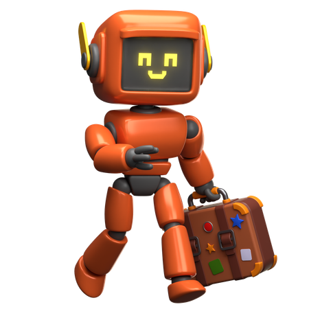 Robot orange marchant avec une mallette  3D Illustration